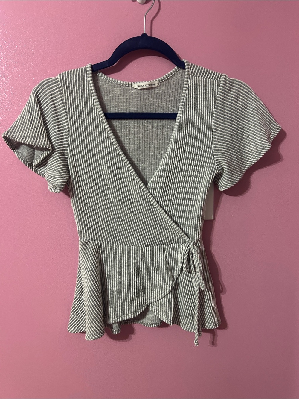 Caution To The Wind Striped Ribbed Wrap Top in Gray and White